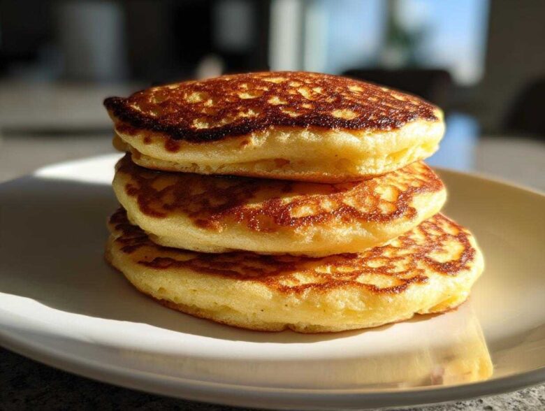 A stack of three golden-brown coconut flour pancakes sitting on a white plate, lit by sunlight.