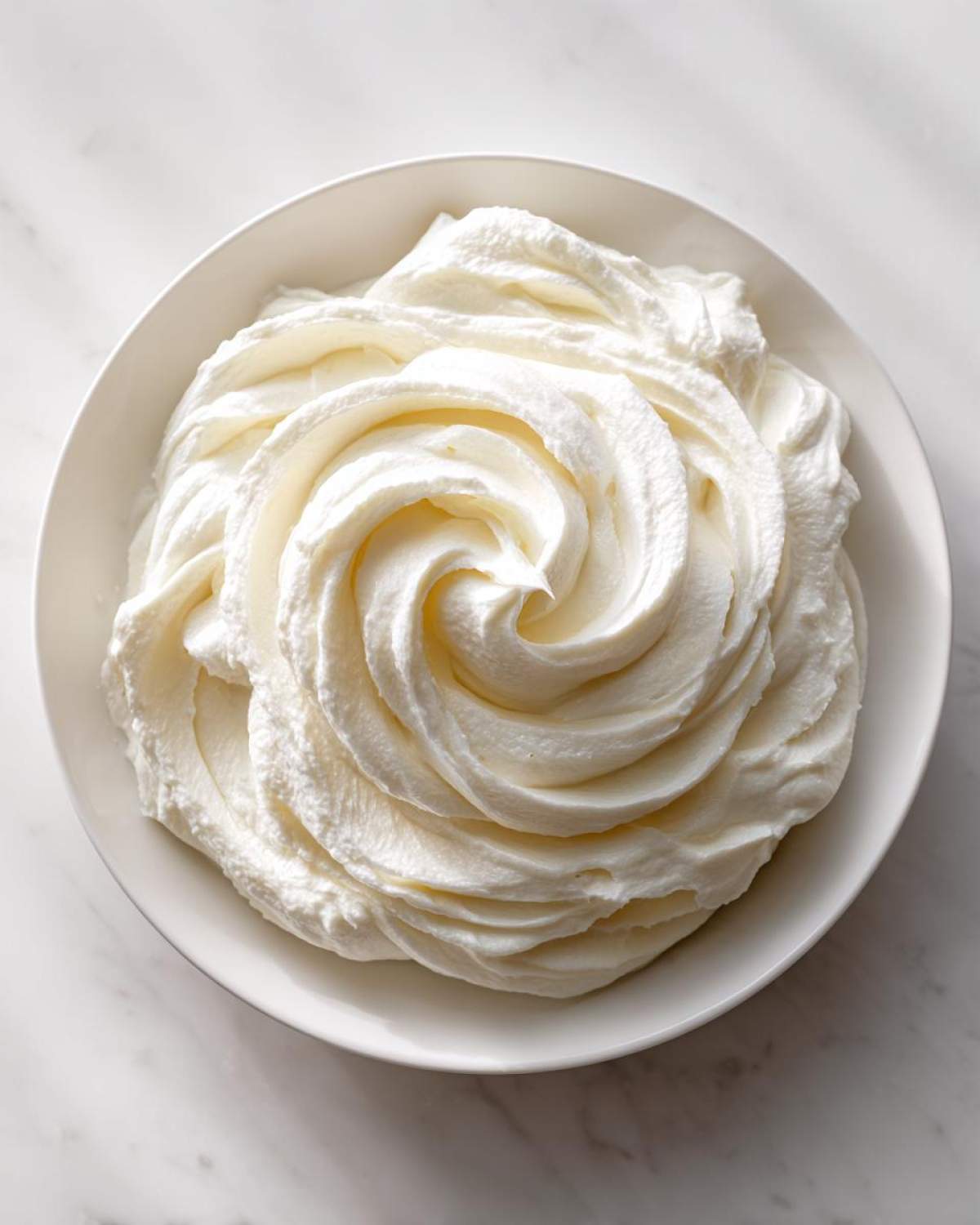 Overhead shot of a white bowl filled with perfectly piped, fluffy cream cheese frosting.