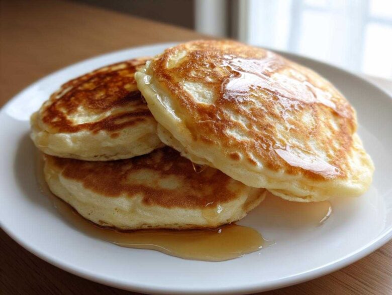 A stack of three fluffy discard pancakes drizzled generously with golden syrup on a white plate.