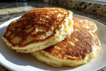 A close-up, sunlit stack of three fluffy greek yogurt pancakes with golden-brown, lacy tops on a white plate.