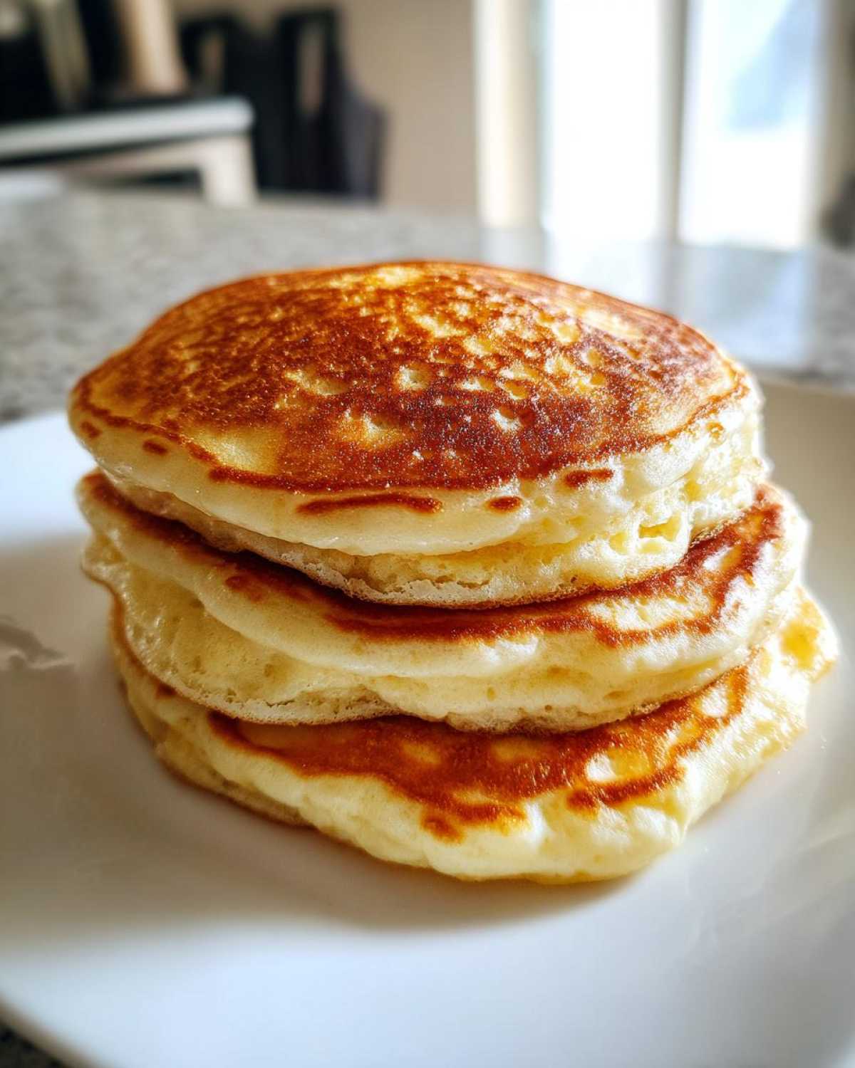 A close-up of a stack of three fluffy greek yogurt pancakes with golden brown tops.