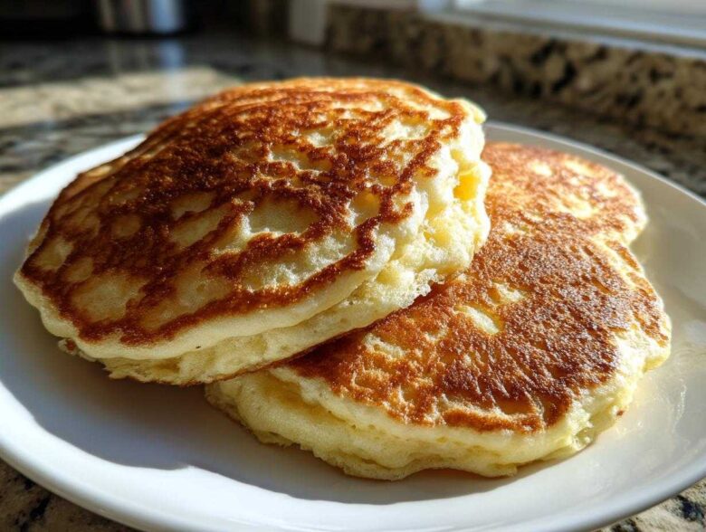 A close-up, sunlit stack of three fluffy greek yogurt pancakes with golden-brown, lacy tops on a white plate.