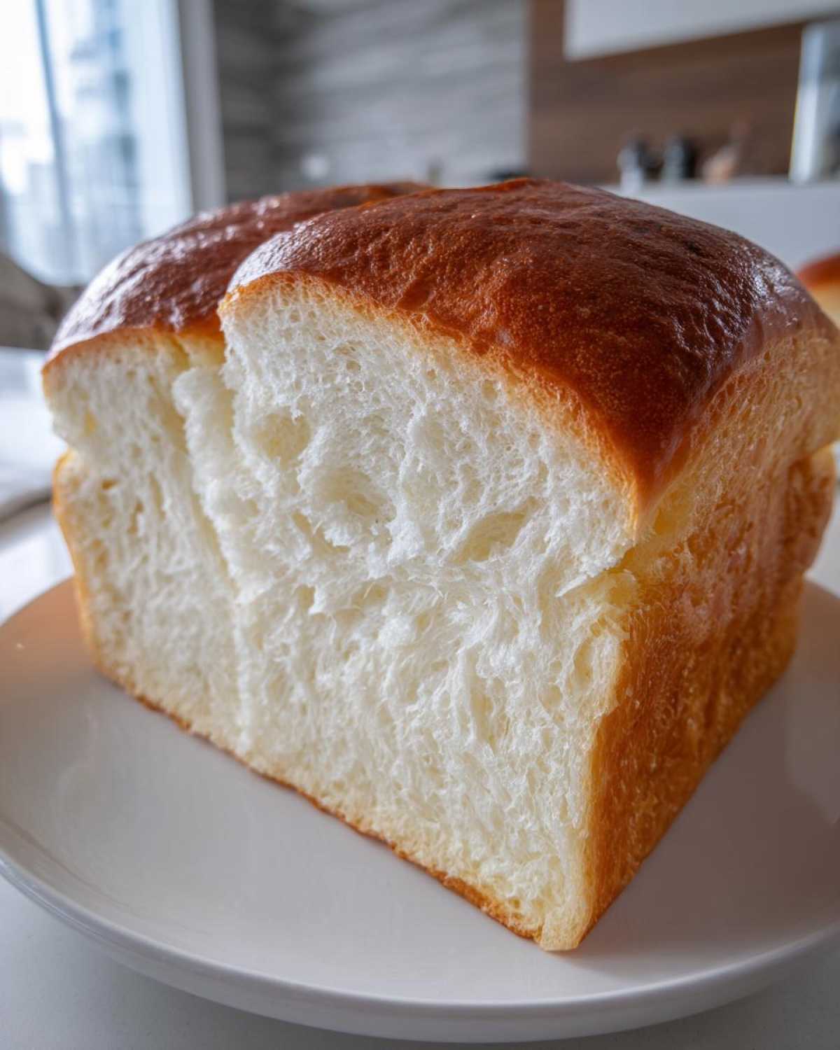 Close-up of a slice of japanese milk bread showing its incredibly soft, white, and fluffy interior crumb.
