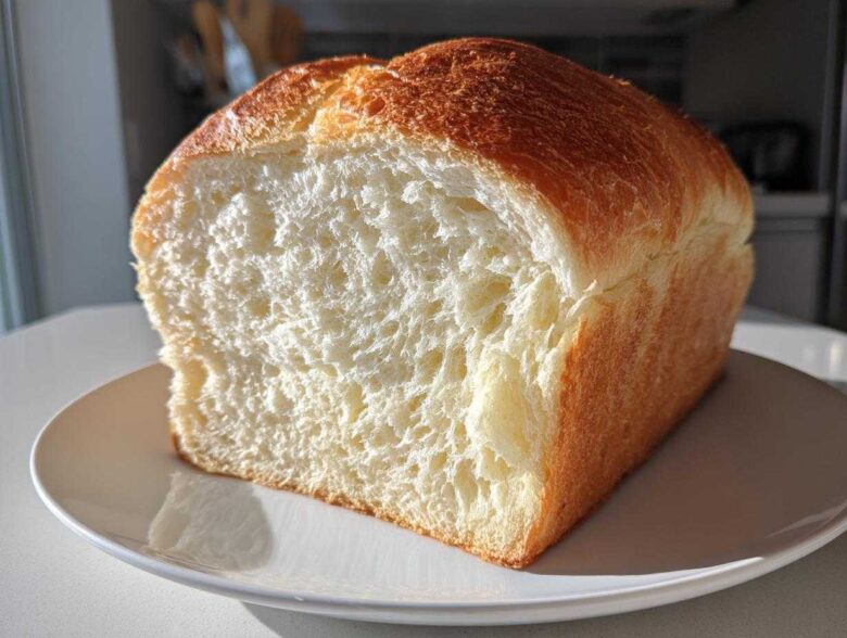 A close-up of a freshly baked loaf of japanese milk bread, showing its incredibly soft, white interior and golden brown top.