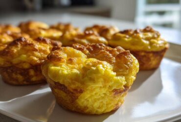 Close-up of several fluffy muffin tin egg bites with golden brown tops on a white plate.