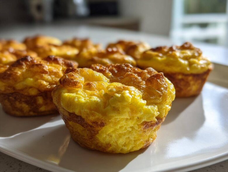 Close-up of several fluffy muffin tin egg bites with golden brown tops on a white plate.