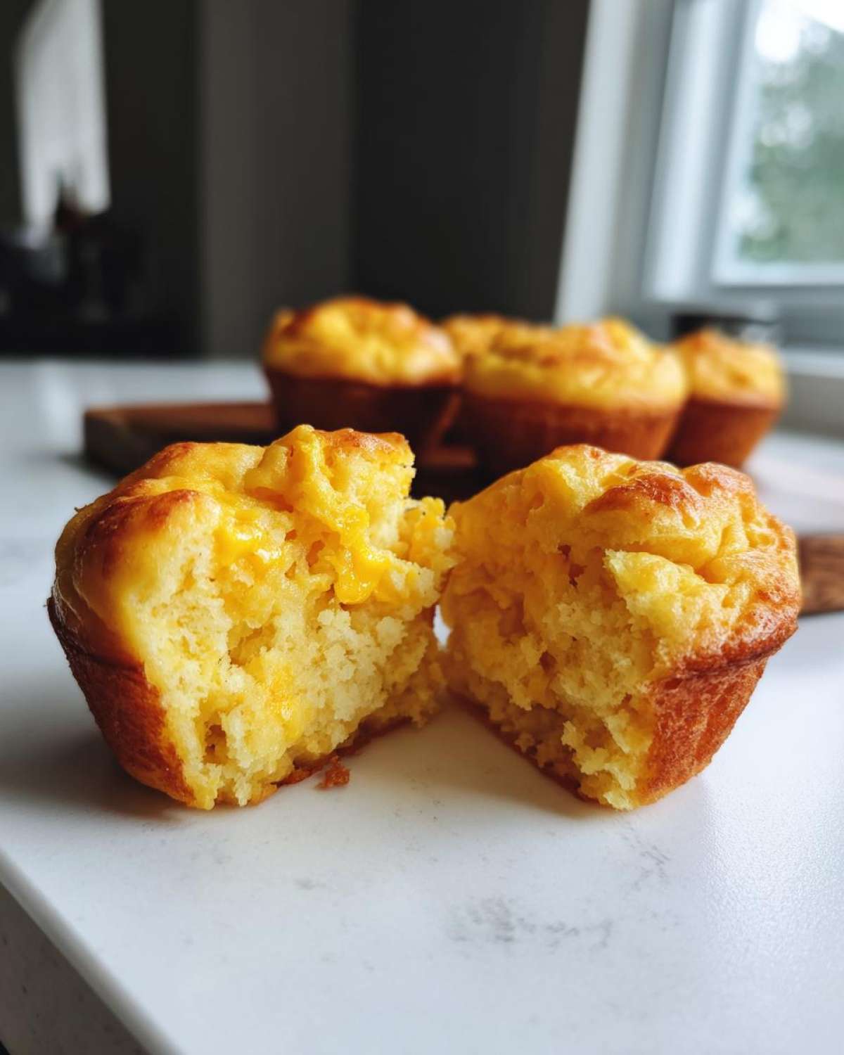 Close-up of fluffy muffin tin egg bites cut in half, revealing a cheesy, airy interior.