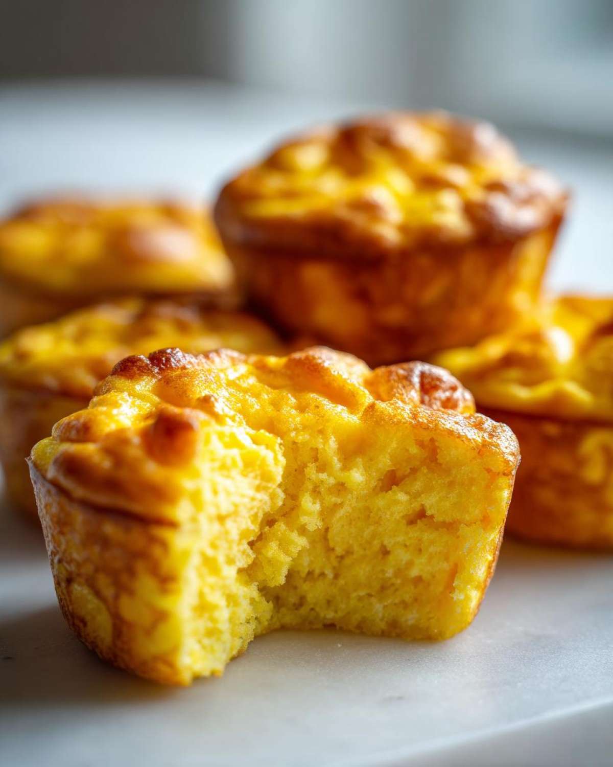 Close-up of fluffy muffin tin egg bites, one with a bite taken out showing the texture.