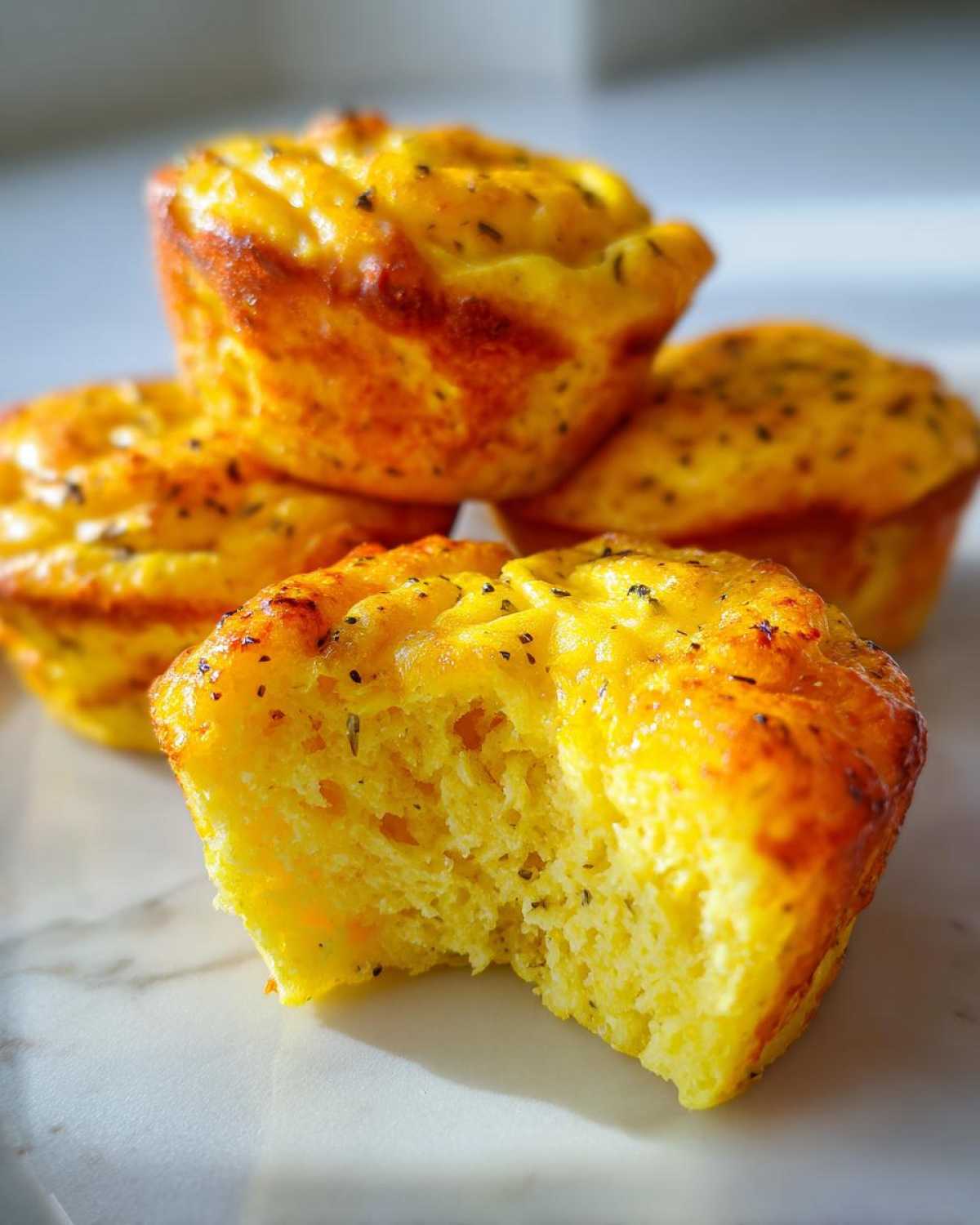 Close-up of fluffy muffin tin egg bites, one with a bite taken out showing the texture.