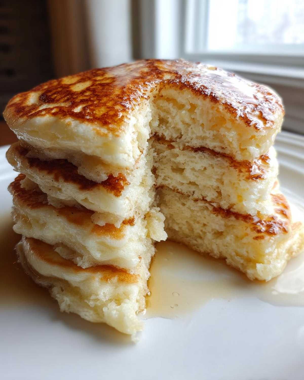 A stack of incredibly fluffy pancakes cut to show the airy interior, drizzled with syrup.