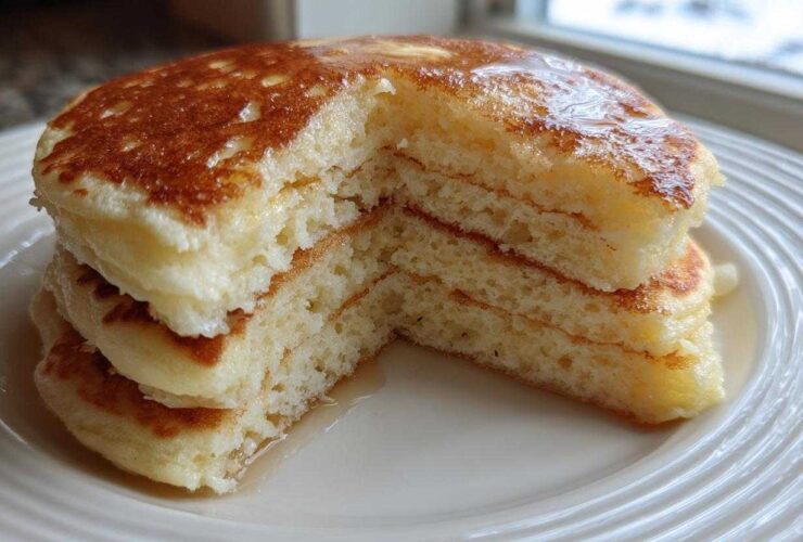 A stack of incredibly fluffy pancakes cut in half, showing their airy interior and golden tops drizzled with syrup.