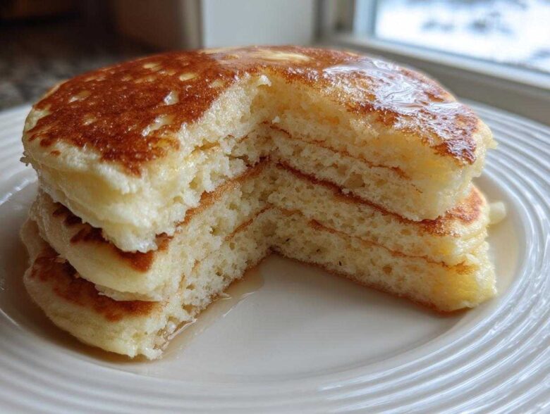 A stack of incredibly fluffy pancakes cut in half, showing their airy interior and golden tops drizzled with syrup.