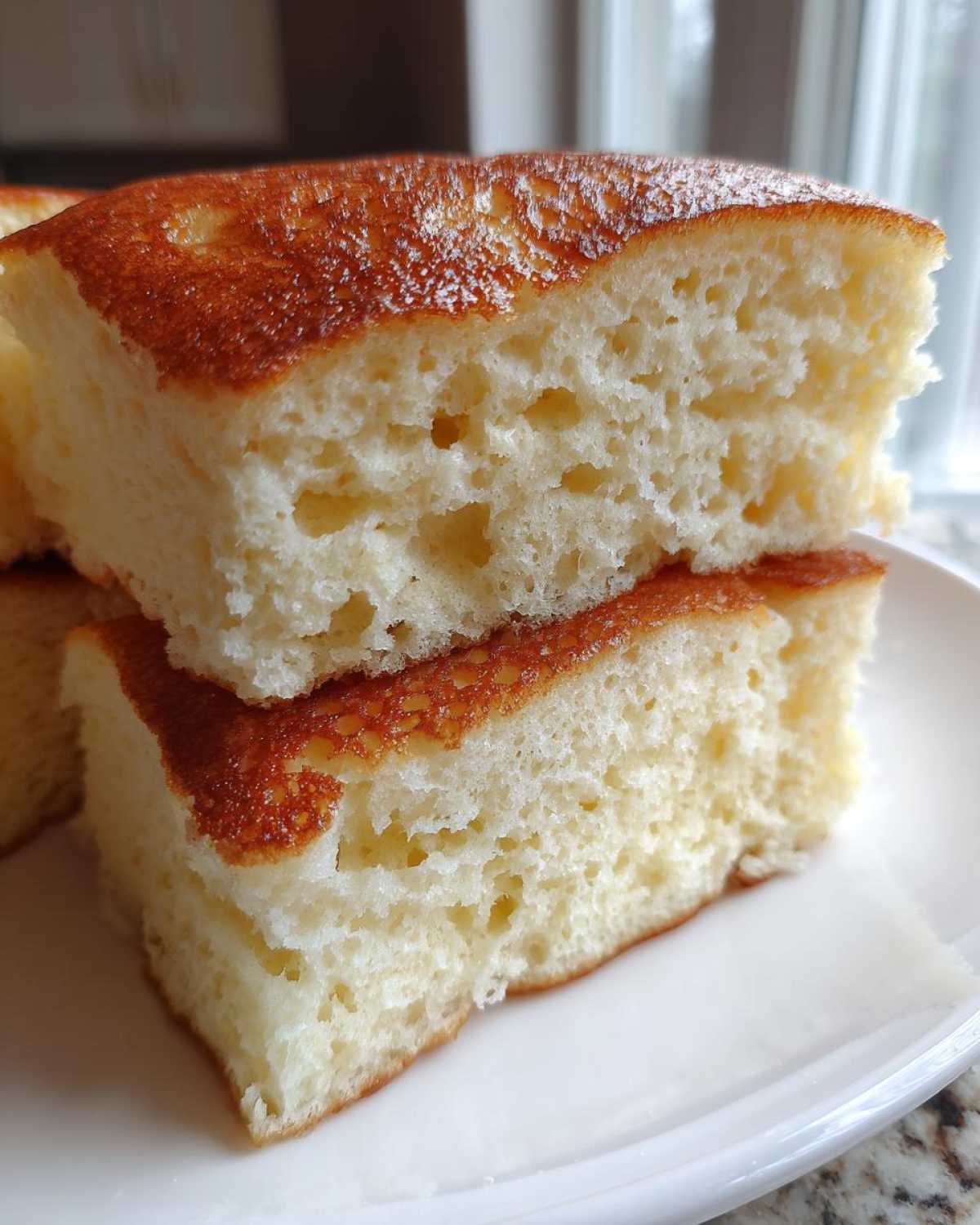 Close-up of two thick, fluffy pancakes stacked, showing the airy, light interior texture.