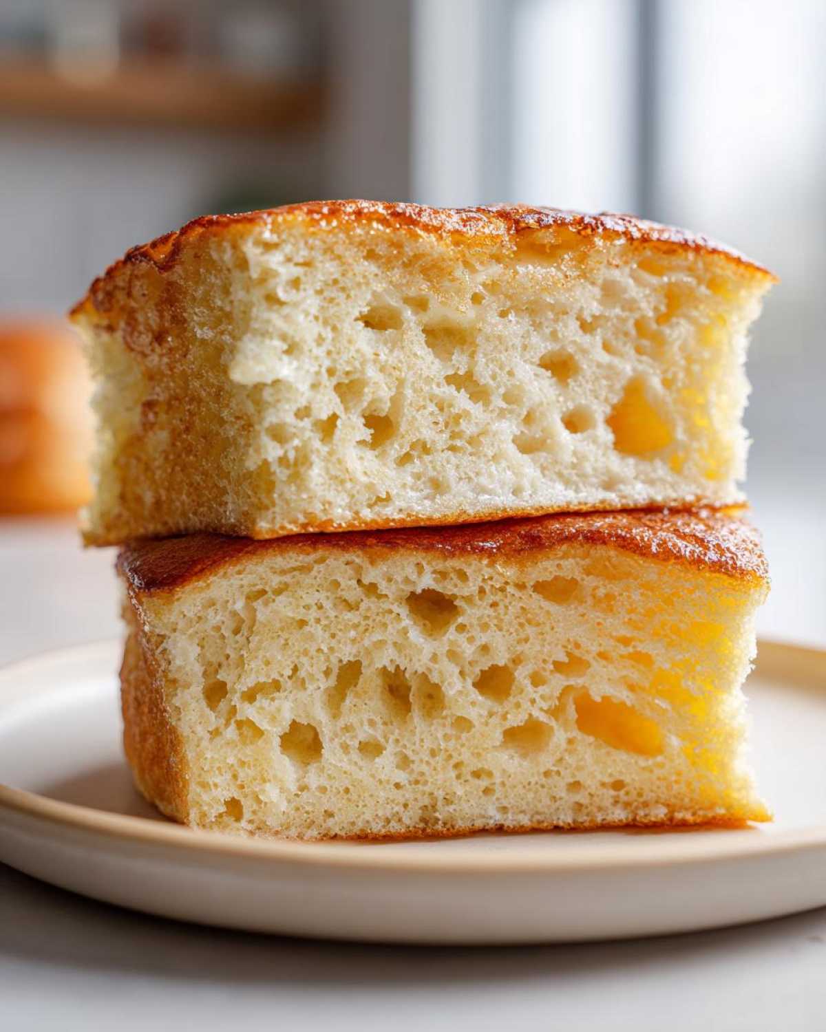 Close-up of two thick, stacked slices showing the airy, fluffy pancakes interior texture.