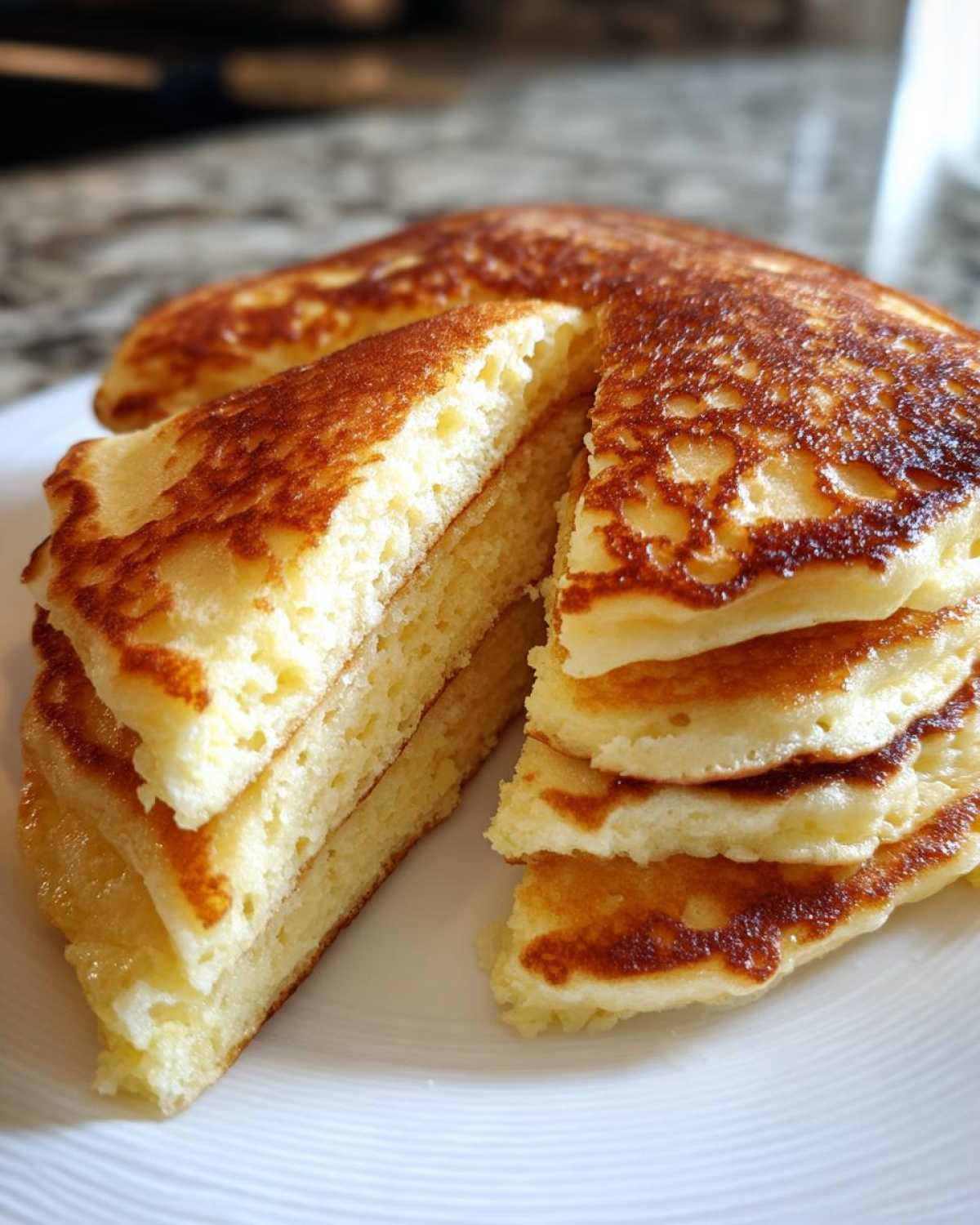 Close-up of a stack of fluffy pancakes cut into wedges, showing the airy interior.