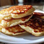 A close-up stack of four fluffy pancakes showing perfectly golden brown, lacy sear marks.