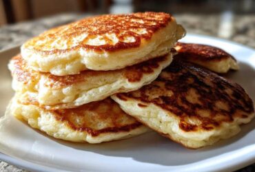 A close-up stack of four fluffy pancakes showing perfectly golden brown, lacy sear marks.