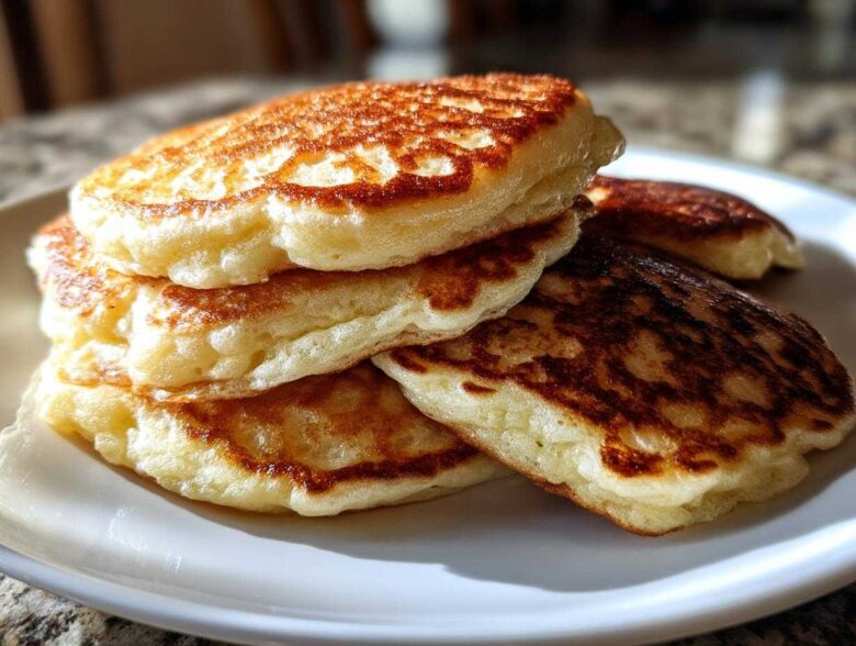A close-up stack of four fluffy pancakes showing perfectly golden brown, lacy sear marks.