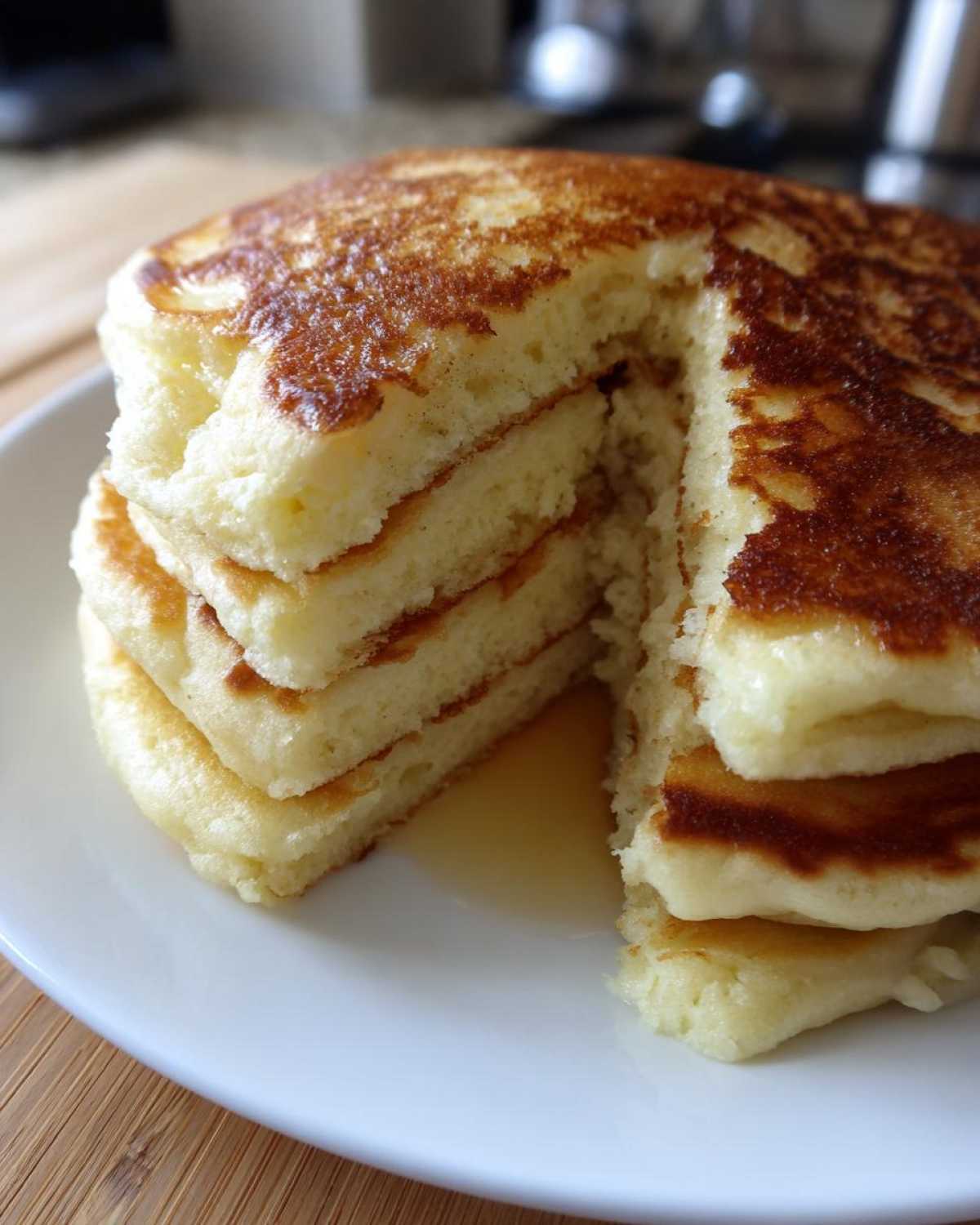 Close-up of a tall stack of fluffy sourdough pancakes with a slice removed, showing the interior texture and syrup pooling on the plate.