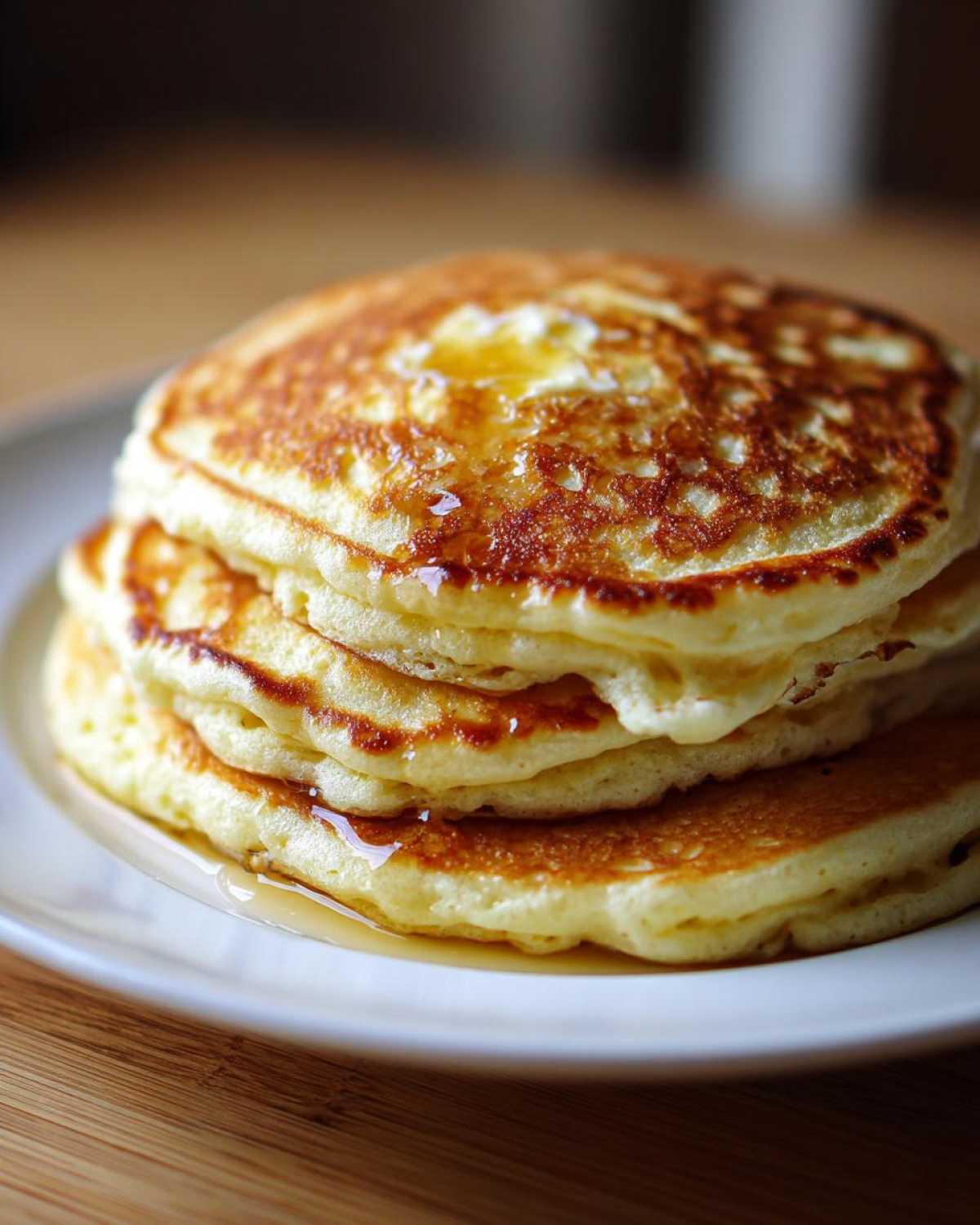 A tall stack of golden brown sourdough pancakes topped with melting butter and drizzled with syrup.