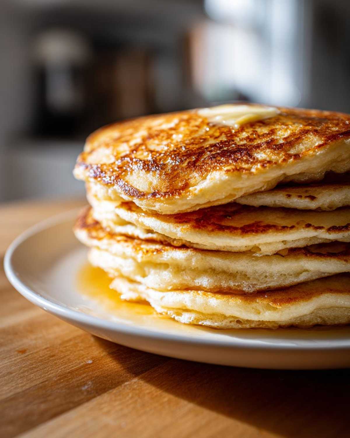 A tall stack of three golden-brown sourdough pancakes topped with melting butter and drizzled with syrup.