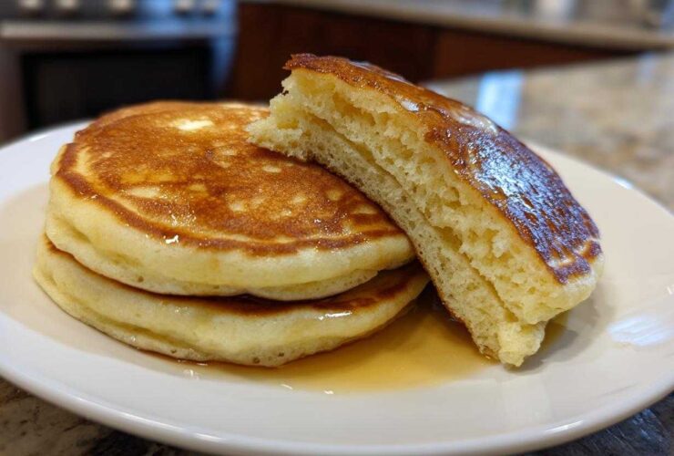 A stack of three fluffy sourdough pancakes drizzled with syrup, with one pancake cut open to show the airy interior.