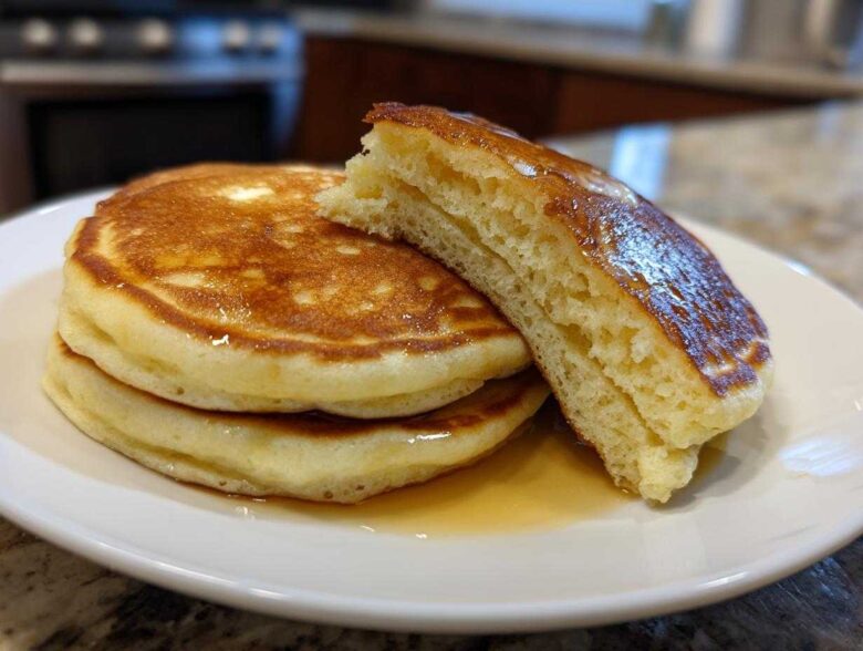 A stack of three fluffy sourdough pancakes drizzled with syrup, with one pancake cut open to show the airy interior.