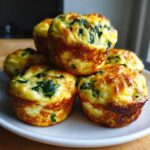 A stack of freshly baked, golden-brown egg bites mixed with spinach and cheese on a white plate.