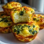 A stack of fluffy, golden-brown spinach and cheese egg bites, with one bite broken open showing the texture.