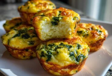 A stack of fluffy, golden-brown spinach and cheese egg bites, with one bite broken open showing the texture.