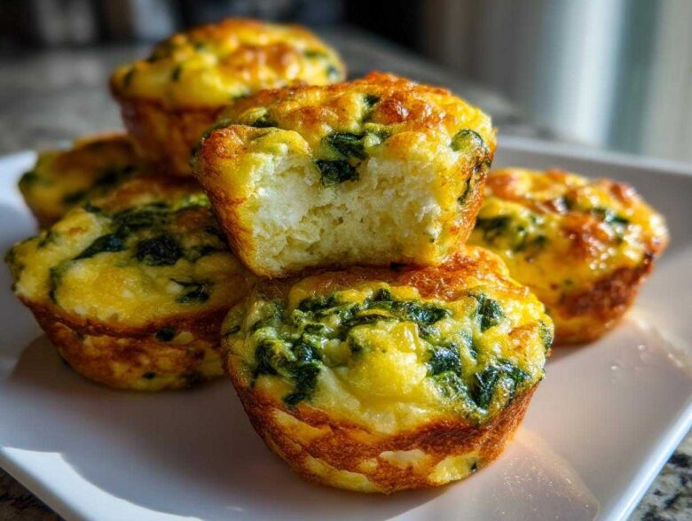 A stack of fluffy, golden-brown spinach and cheese egg bites, with one bite broken open showing the texture.