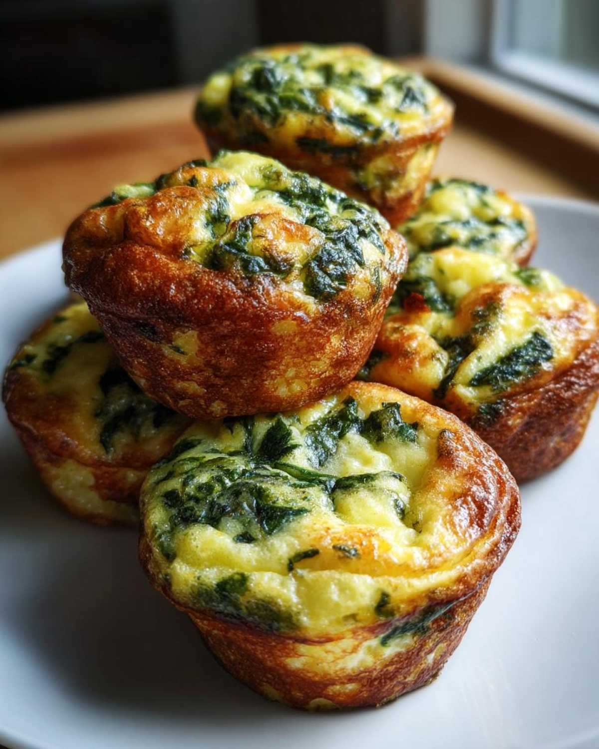 A stack of five golden-brown, fluffy egg bites loaded with visible green spinach, ready to eat.