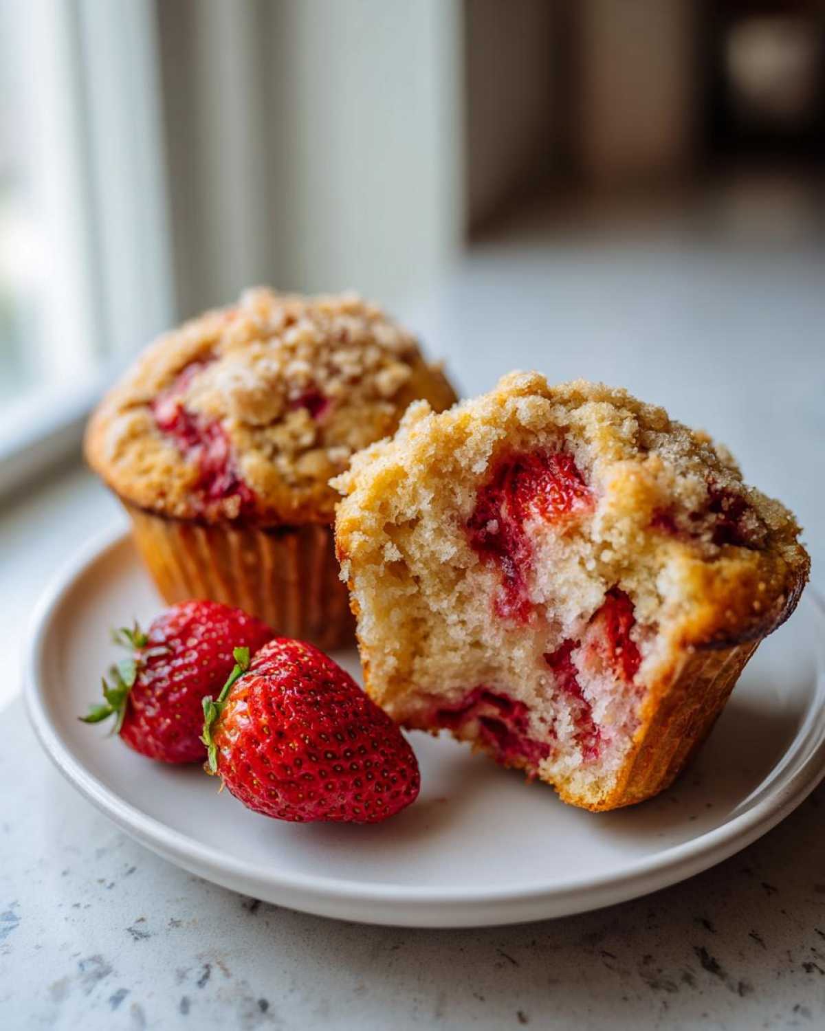Close-up of a fluffy strawberry muffin cut in half showing juicy berries, next to a whole strawberry muffin and fresh strawberries.