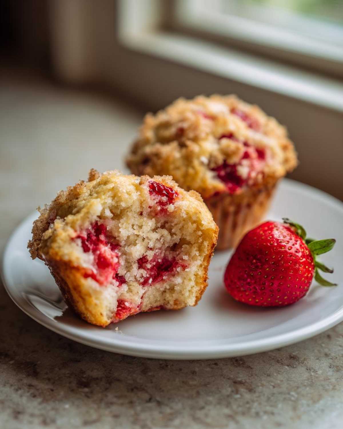 Close-up of a fluffy strawberry muffin, broken open to show the fruit inside, next to a whole strawberry.