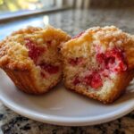 Close-up of a fluffy strawberry muffin cut in half, showing bright red fruit inside.