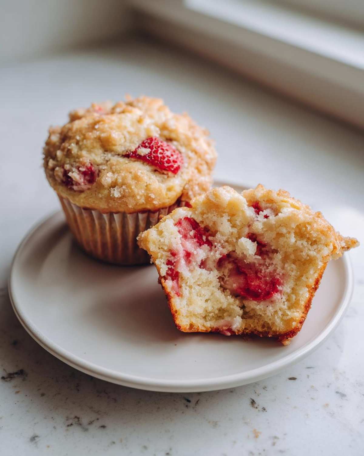 Two fluffy strawberry muffins on a white plate, one cut open showing moist interior and fresh strawberries.