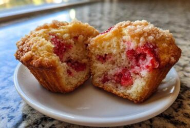 Close-up of a fluffy strawberry muffin cut in half, showing bright red fruit inside.