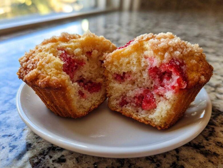 Close-up of a fluffy strawberry muffin cut in half, showing bright red fruit inside.