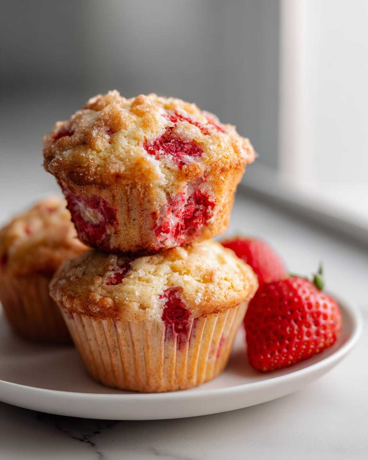 Close-up of fluffy strawberry muffins stacked, topped with sugar, next to fresh strawberries.