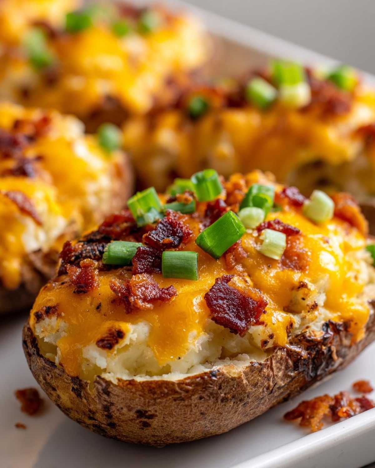 Close-up of a perfectly fluffy twice baked potato loaded with melted cheddar cheese, crispy bacon bits, and green onions.