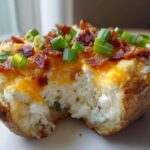 Close-up of a fluffy twice baked potato loaded with melted cheddar cheese, bacon bits, and green onions.