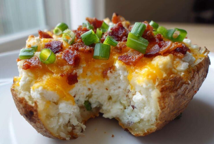 Close-up of a fluffy twice baked potato loaded with melted cheddar cheese, bacon bits, and green onions.
