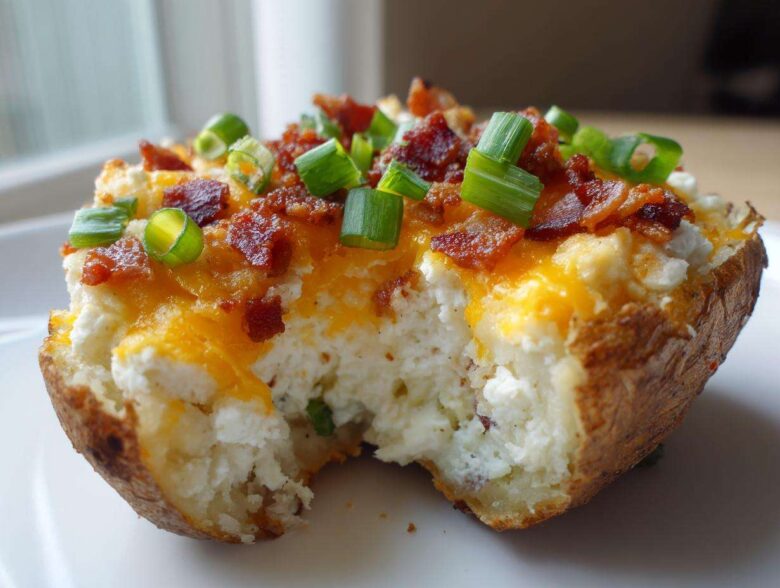Close-up of a fluffy twice baked potato loaded with melted cheddar cheese, bacon bits, and green onions.