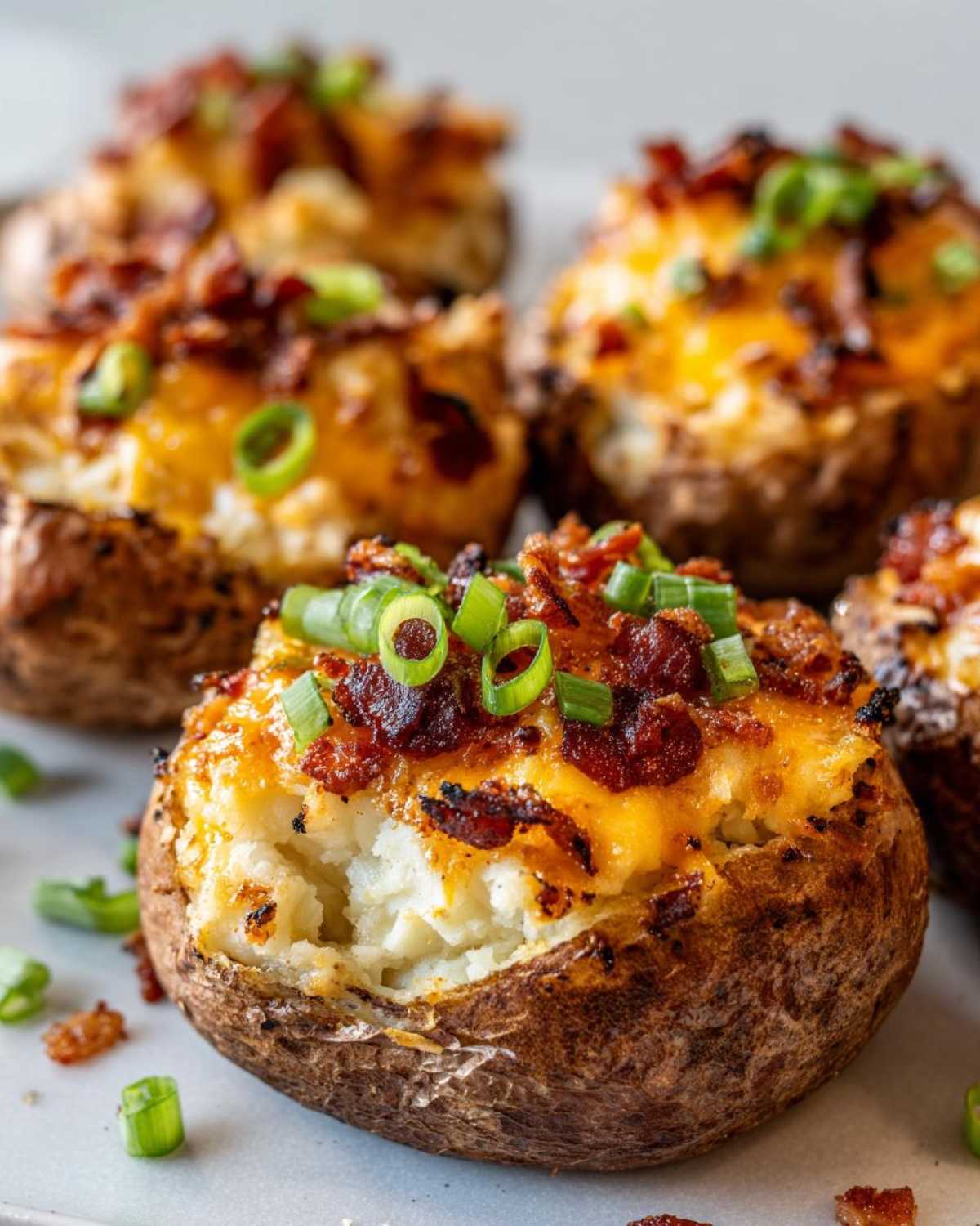 Close-up of a fluffy twice baked potato stuffed with mashed potato, topped with melted cheddar cheese, bacon bits, and green onions.