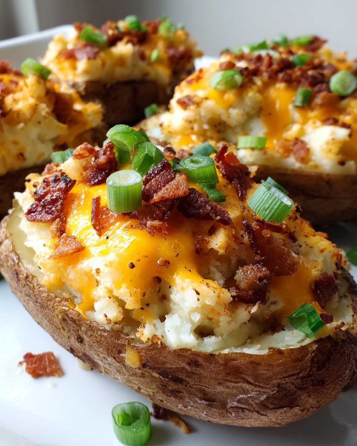 Close-up of a fluffy twice baked potato loaded with melted cheddar cheese, crispy bacon bits, and fresh green onions.