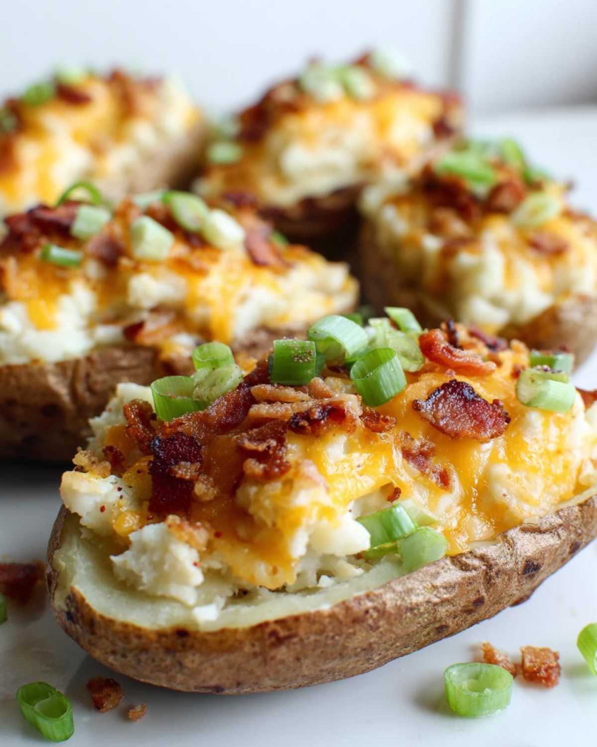 Close-up of a perfectly stuffed twice baked potato topped with melted cheddar cheese, bacon bits, and green onions.
