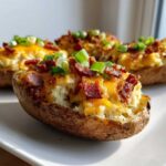 Close-up of a perfectly loaded twice baked potato topped with melted cheddar, crispy bacon bits, and fresh green onions.