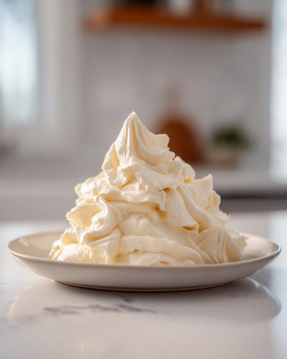 A generous mound of light, fluffy vanilla buttercream frosting piped onto a small white plate.