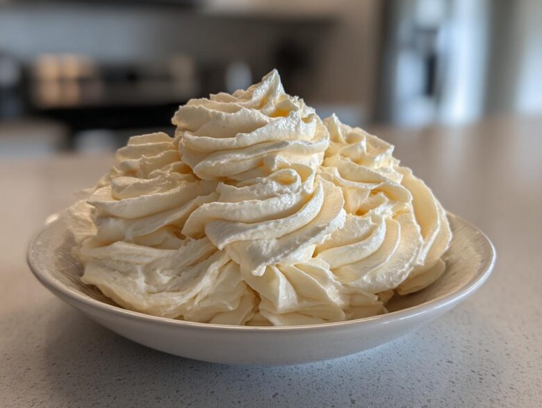 A large mound of perfectly piped, creamy vanilla buttercream frosting swirls filling a white bowl.