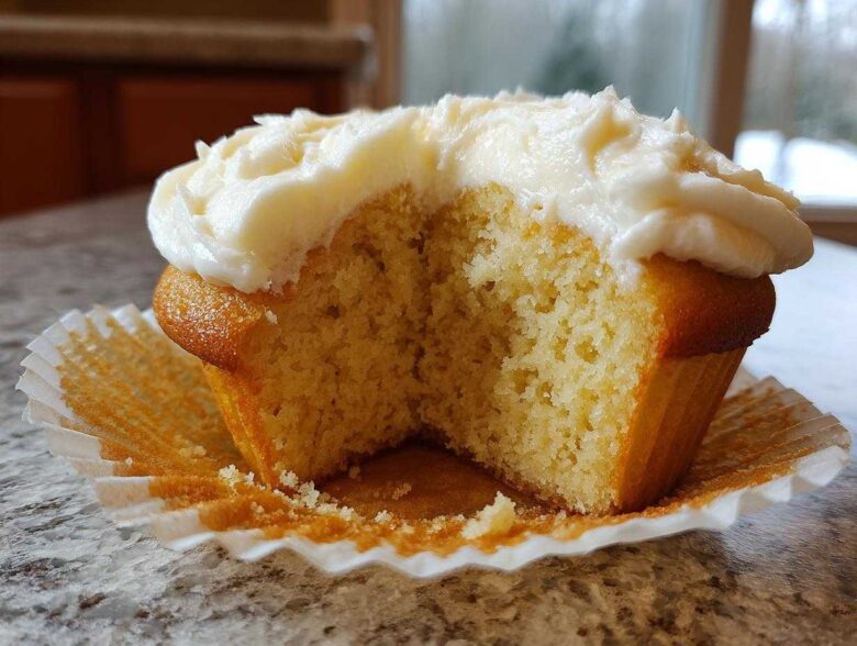 Close-up of a fluffy vanilla cupcake cut in half, showing the moist crumb and thick vanilla frosting.